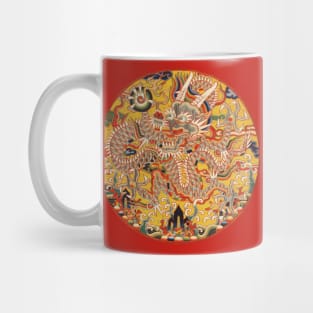 SNAKE DRAGON AMONG FLORAL SWIRLS Chinese Embroidery in Red Mug